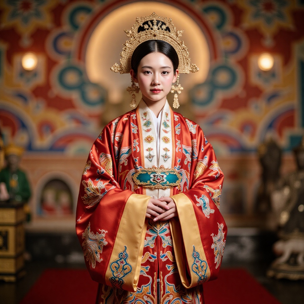 A high-resolution image features a girl in an Asian traditional costume standing regally against a royal background. She i...