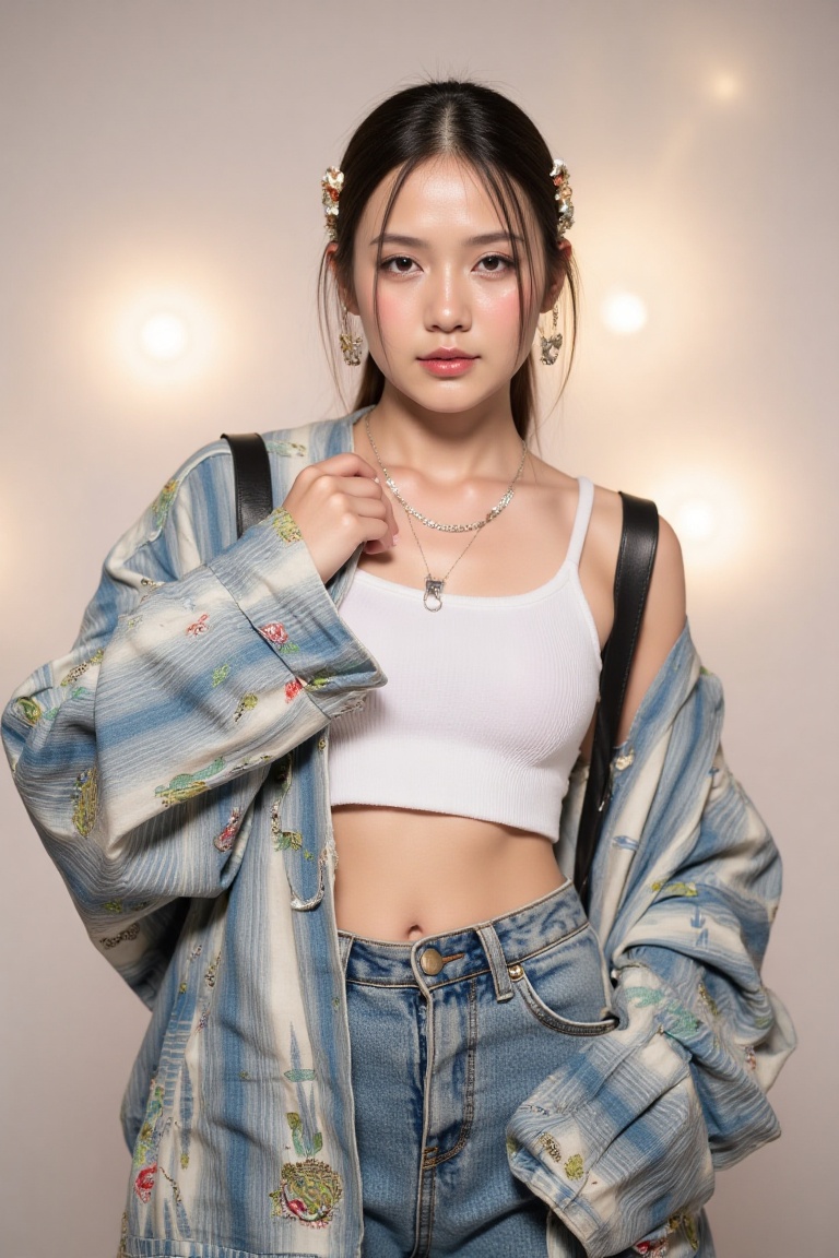 A high-resolution image of a girl standing centrally,  facing the camera with confidence. Soft,  diffused lighting creates...