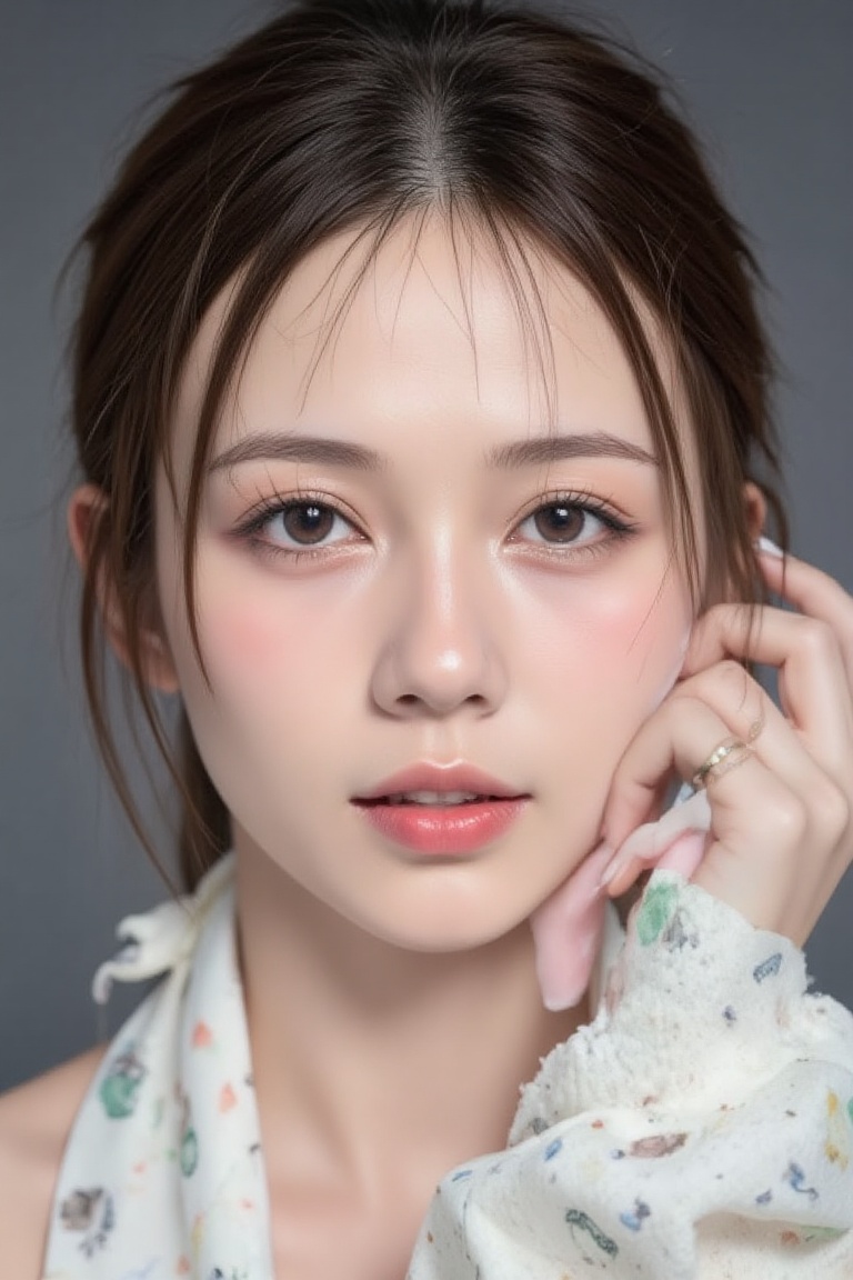 A close-up portrait of a beautiful woman in Ultra HD 8K resolution. The framing is tight,  focusing on her face. Her skin...