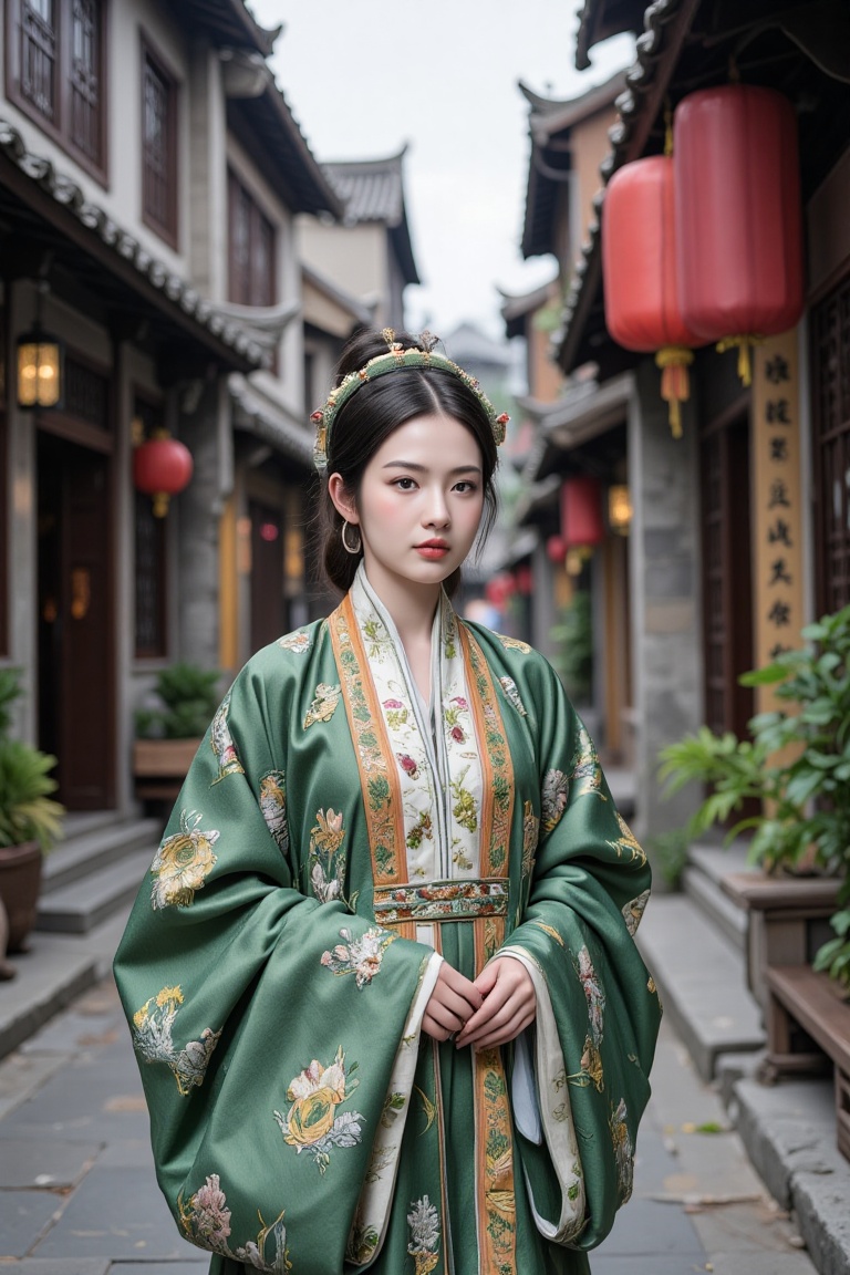 A close-up,  ultra-detailed photo of a girl in ancient Chinese clothing walking on an ancient street. The photo is photo-r...