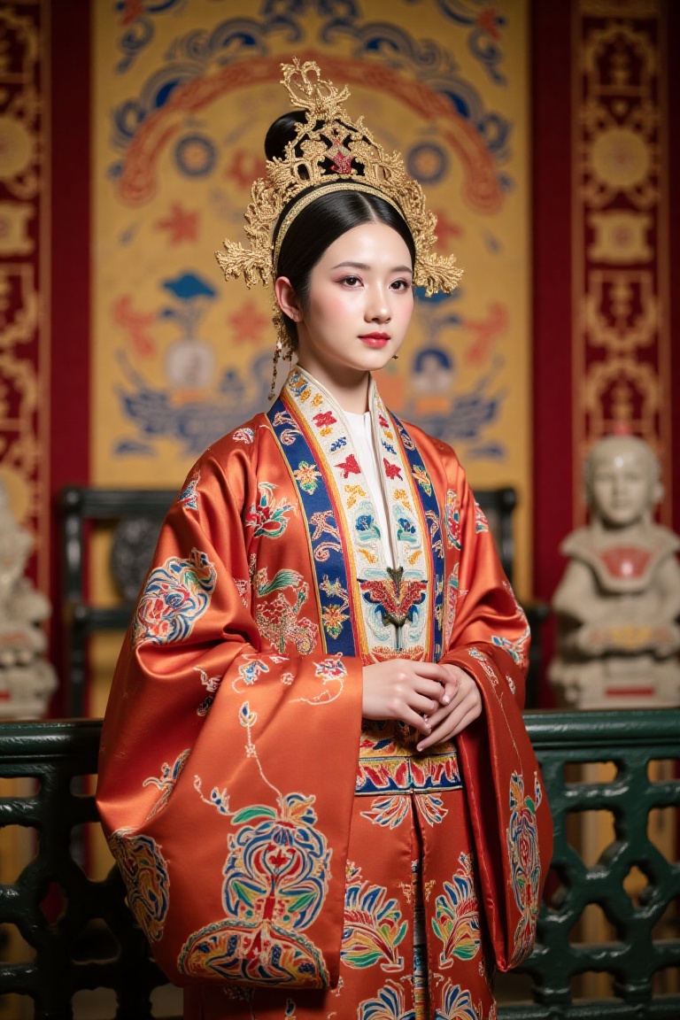 A high-resolution image featuring a girl in an Asian traditional costume standing regally against a royal background. The...