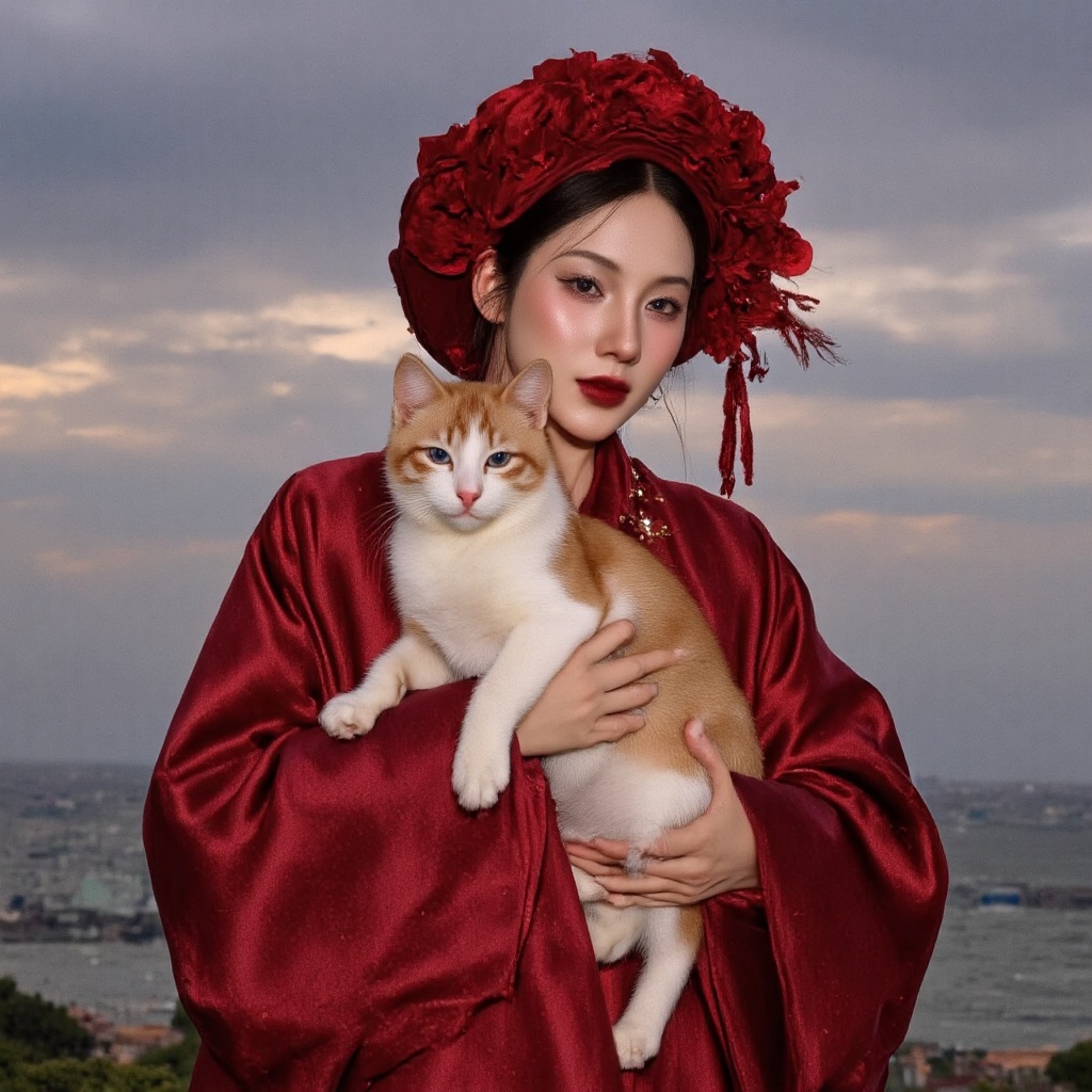 Create an image of an individual in a striking red coat and an elaborate red hat decorated with flowers,  holding an orang...