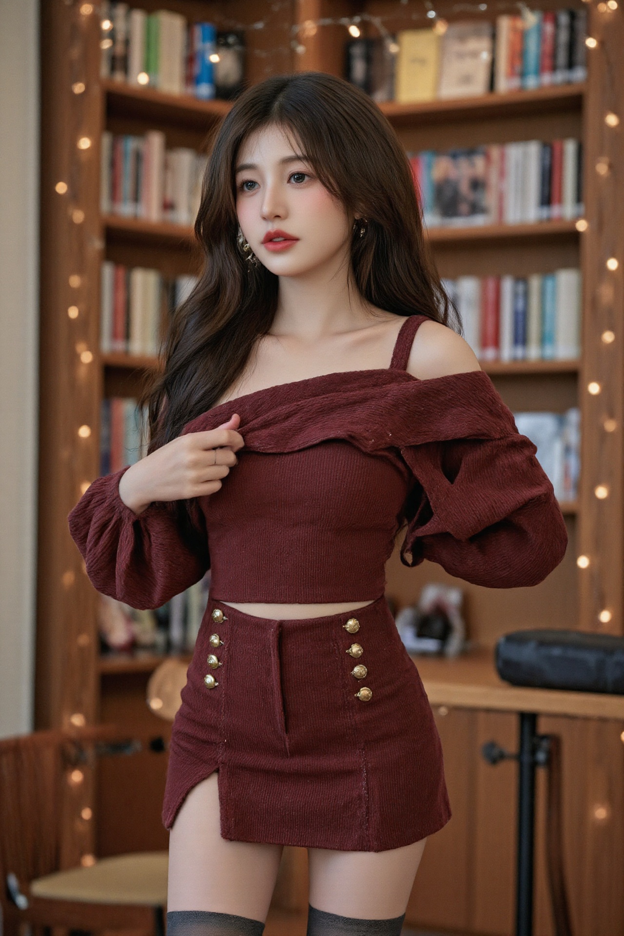 A stylish fair-skinned Korean girl with perfect black hair and eyes stands elegantly in a modern library. She has long,  w...