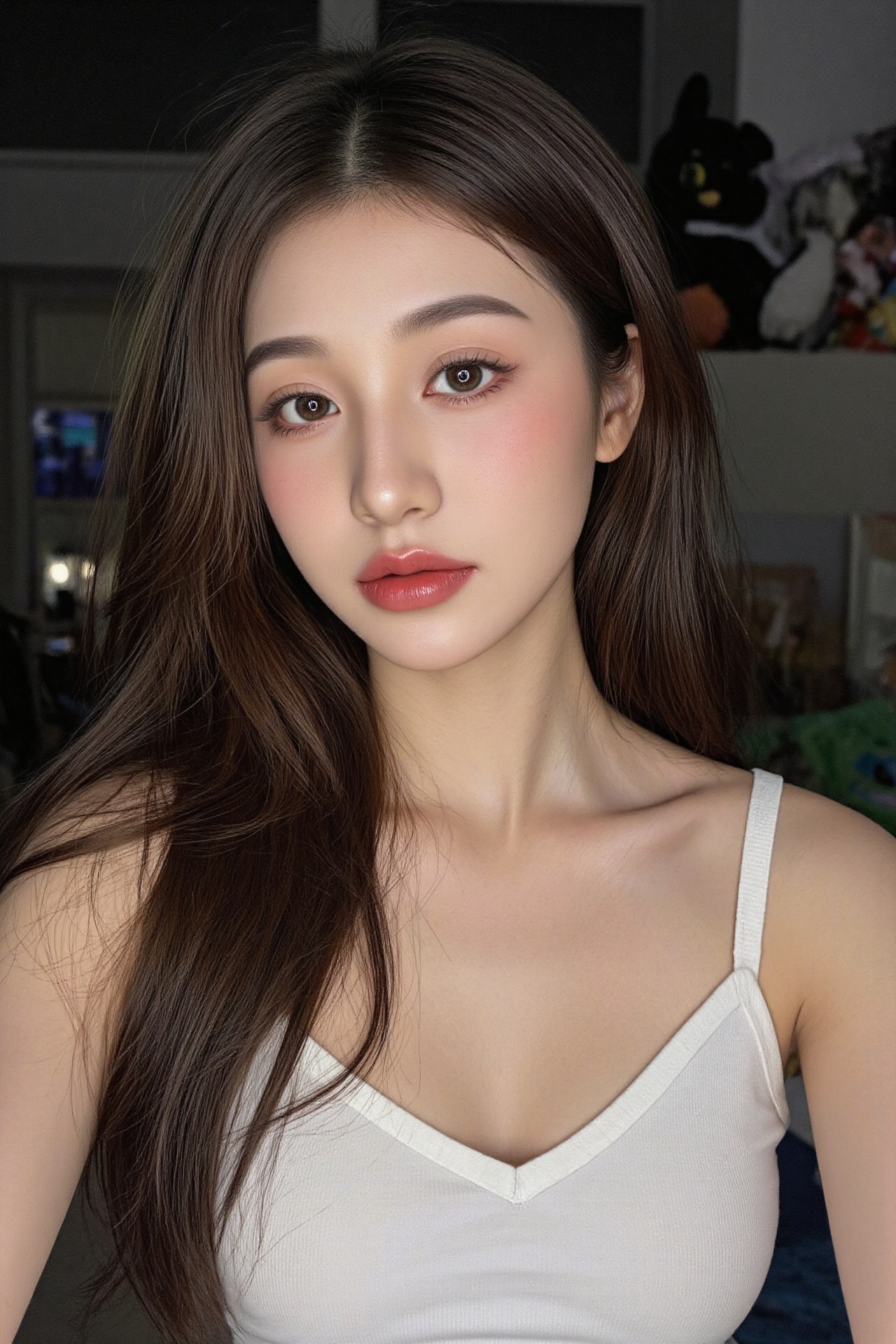 A highly realistic close-up portrait of a young woman with long,  wavy dark brown hair,  wearing a white ribbed **** top....