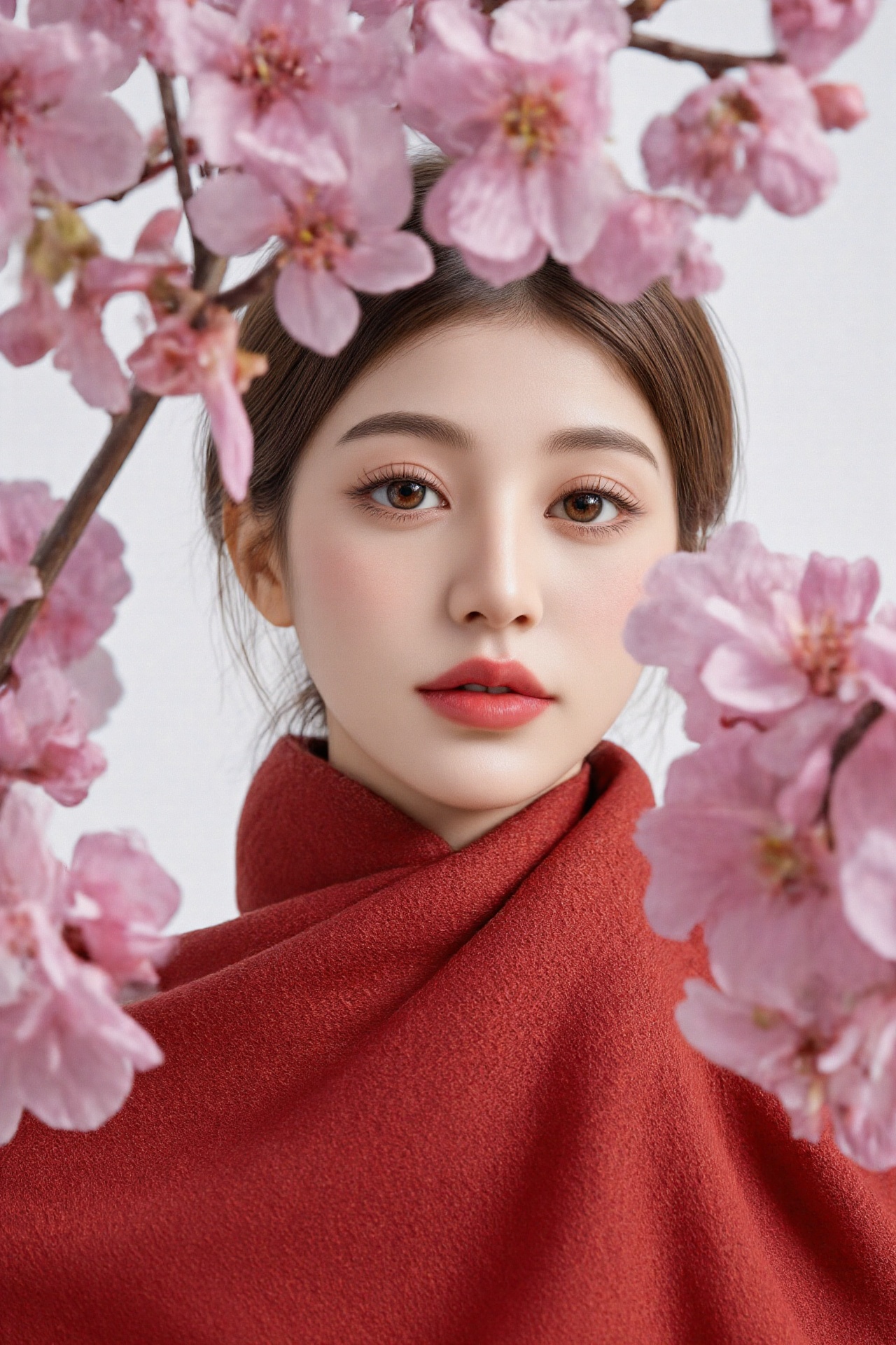 extreme close-up of a cinematic portrait of an enigmatic girl wrapped in fiery red shawl and red hanfu,  set against a pri...