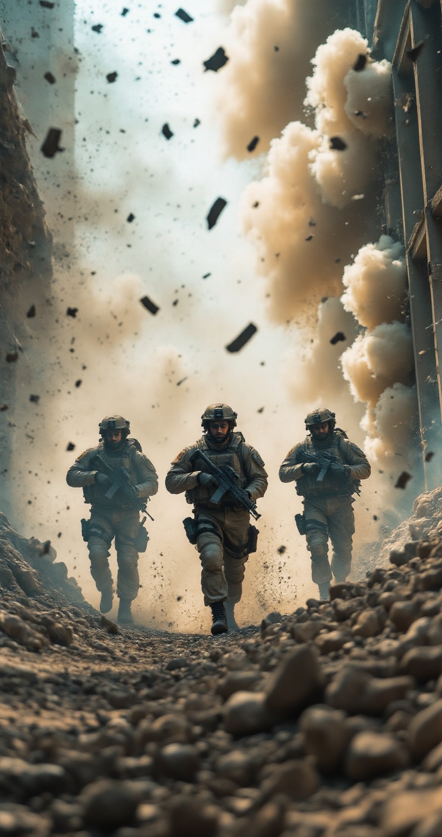 [ActionExplosions] A group of soldiers in full tactical gear are engaged in a fierce battle amidst heavy smoke and debris....