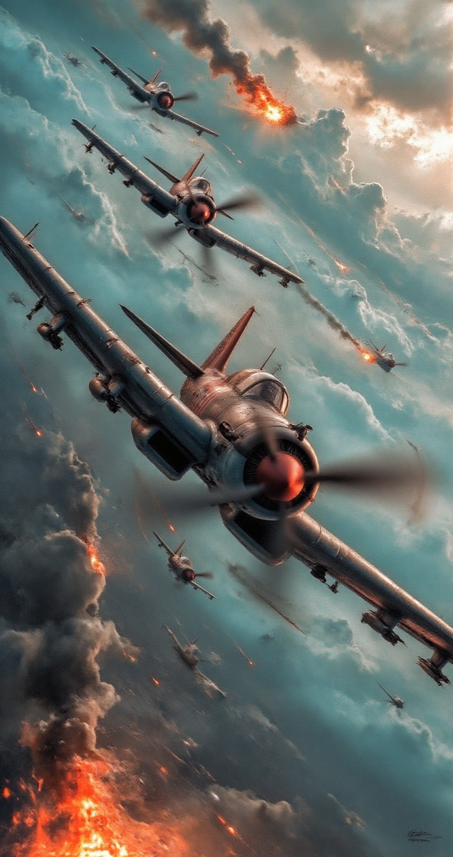[ActionExplosions] An intense dogfight between fighter jets in the sky. The aircraft are locked in a fierce battle,  with...