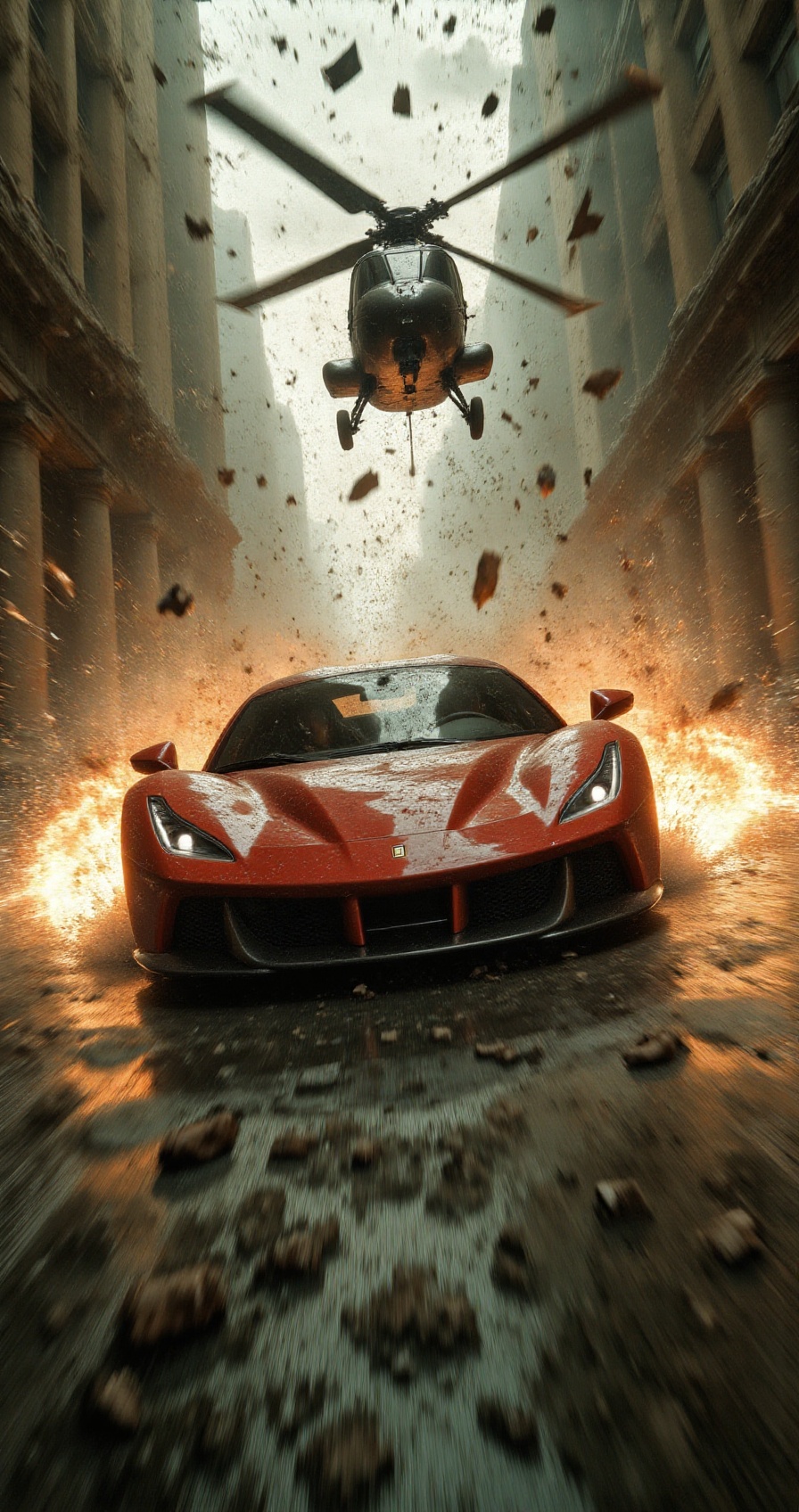[ActionExplosions] A high-speed chase scene featuring a sleek sports car racing down a narrow street while pursued by a mi...