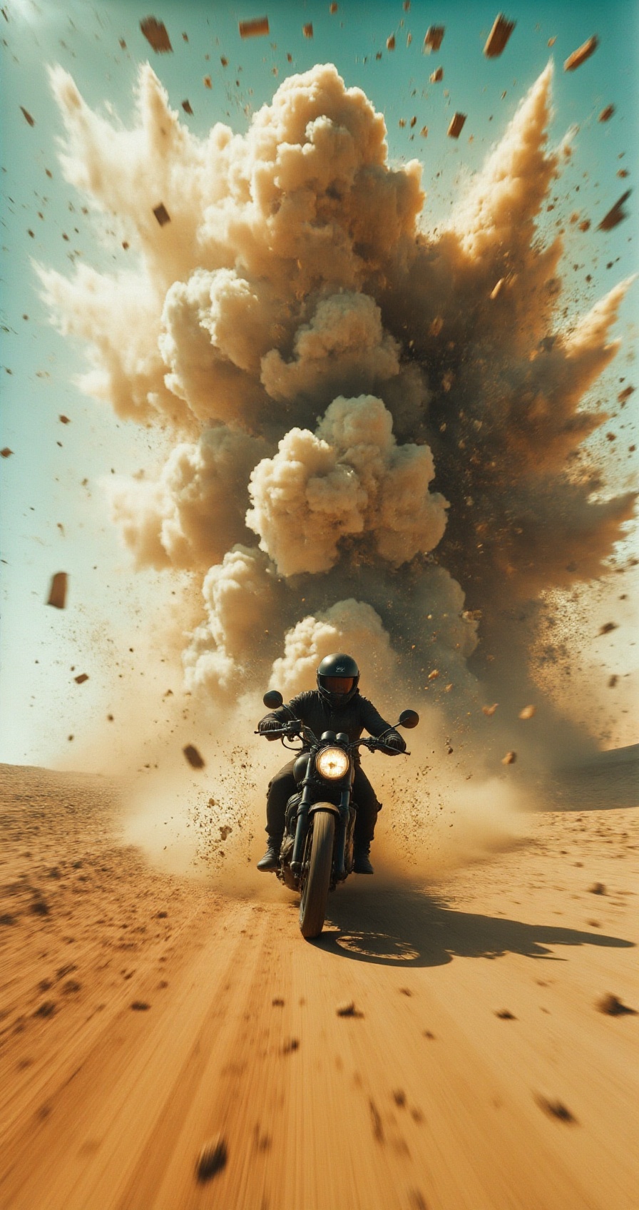 [ActionExplosions] A lone motorcyclist speeds through a desolate desert landscape as a massive explosion erupts behind the...