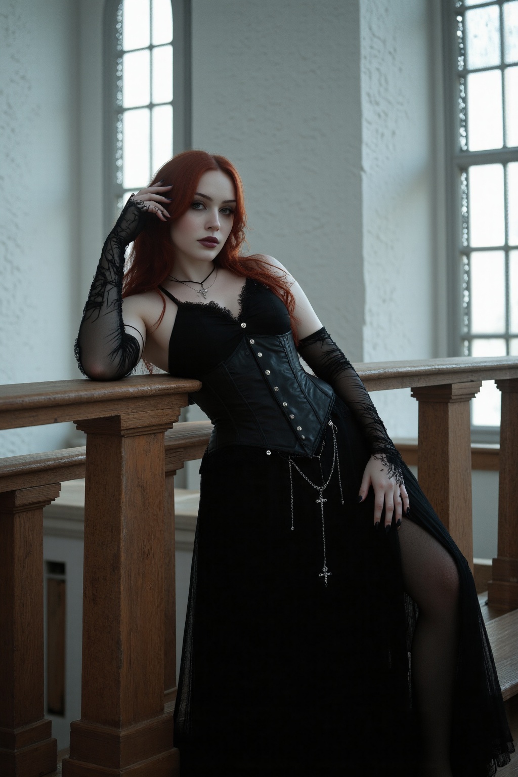 A hyper-realistic portrait of a melancholic gothic woman leaning with graceful languor against a wooden railing inside a s...