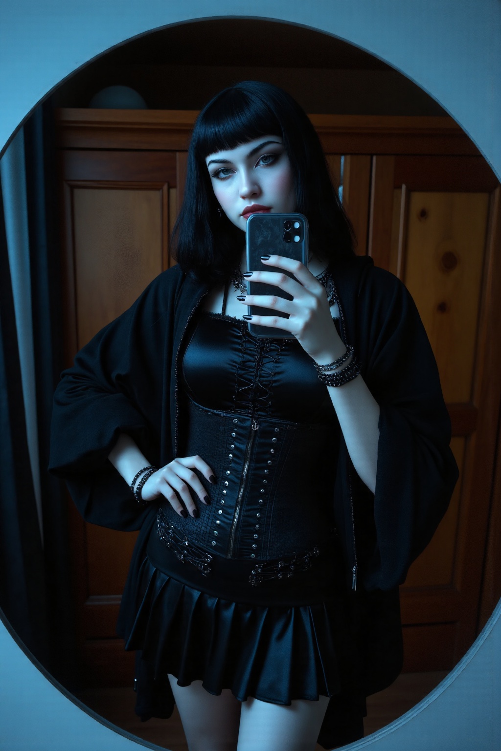 A hyper-realistic mirror selfie of a pale-skinned gothic girl with long,  sleek jet-black hair styled in a voluminous,  bl...
