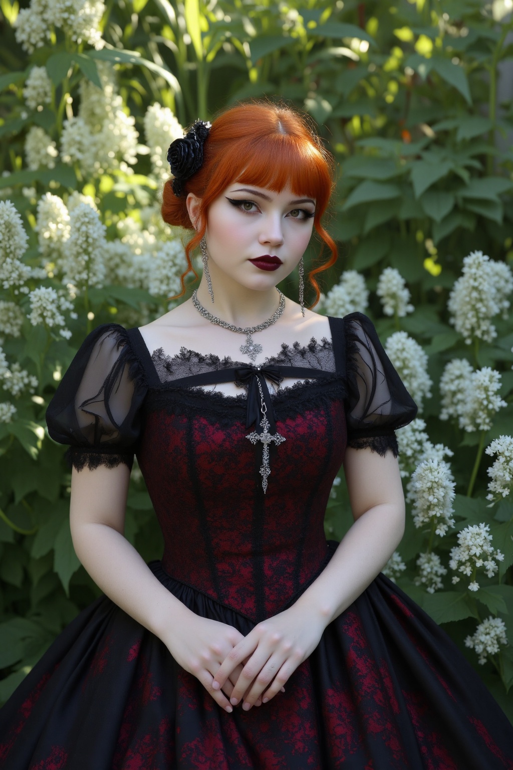 Ultra-realistic outdoor portrait of a gothic woman in a Victorian-inspired dress,  photographed in a lush garden with soft...