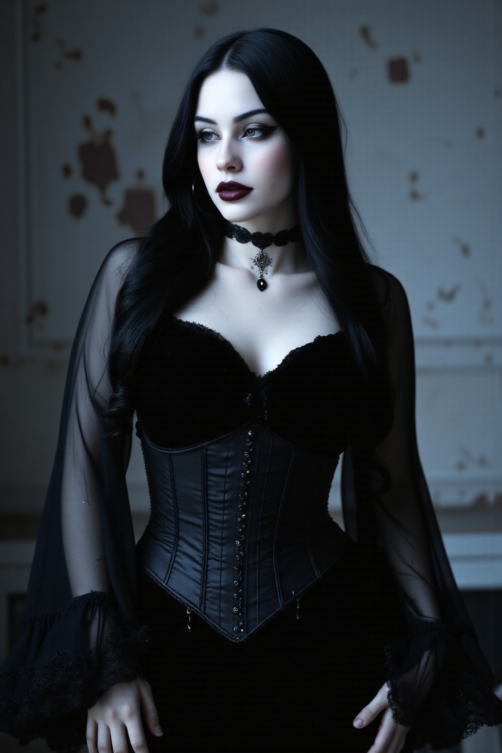 Ultra-realistic portrait of a gothic woman indoors,  captured from the waist up,  evoking a mysterious and elegant atmosph...