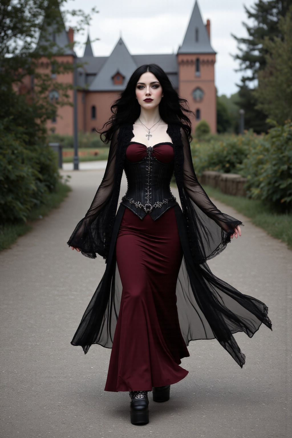 Ultra-realistic full-body portrait of an elegant gothic woman walking on an old stone pathway in front of a distant histor...