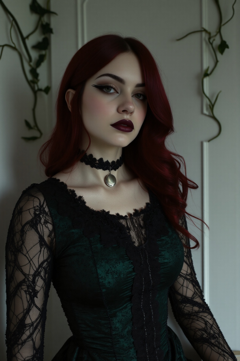 A striking close-up portrait of a gothic woman,  her intense green eyes framed by bold black eyeliner and dark eyeshadow,...