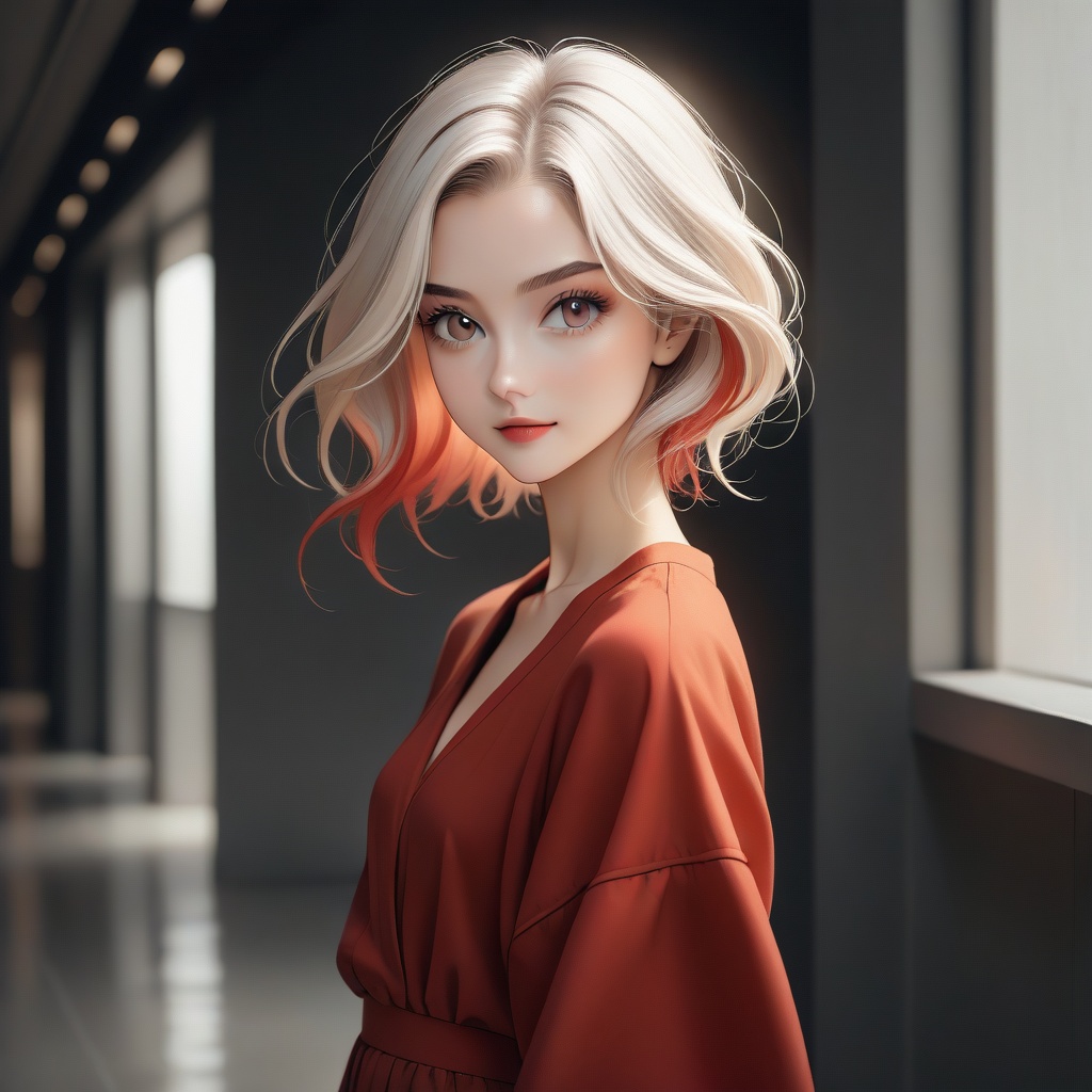A striking woman with a short,  stylish haircut captures attention,  her light hair accented with bold crimson strands. He...