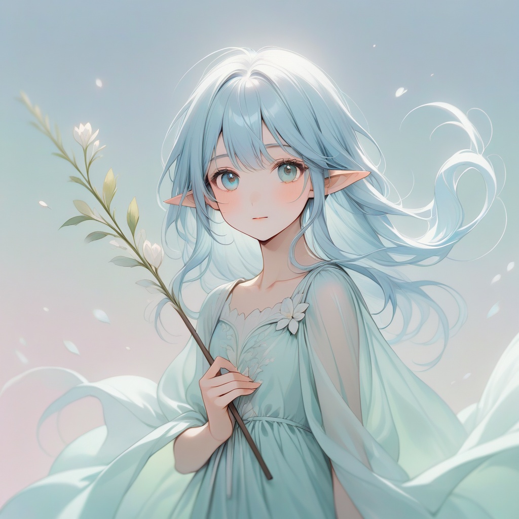 Close-up of a whimsical character with large,  expressive eyes and delicate pointed ears,  their flowing white-and-light-b...
