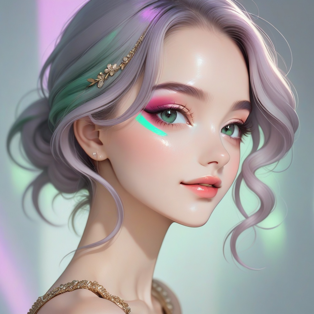 A minimalist anime-style woman's face in close-up,  softly sculpted with emerald green highlights and deep plum shadows. H...