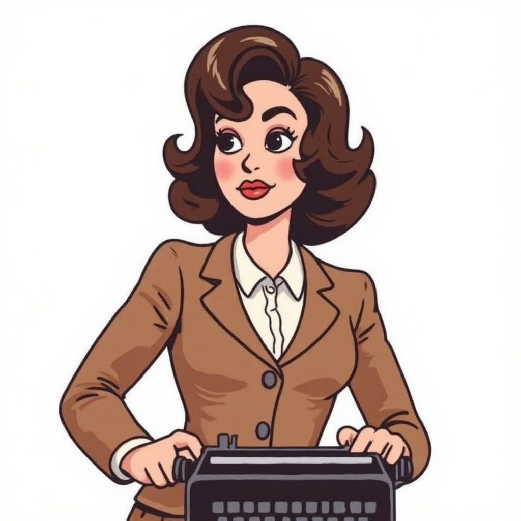 A 2D retro office woman with shoulder-padded blazer,  big hair,  and a typewriter – white background on Tensor.Art