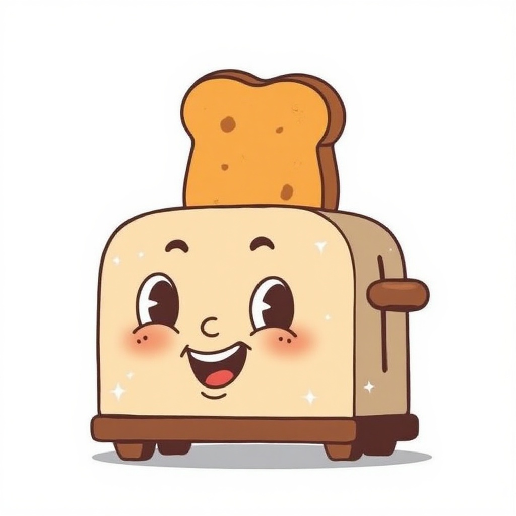 A retro toaster with smiling face and jumping toast,  2D cartoon – white background on Tensor.Art