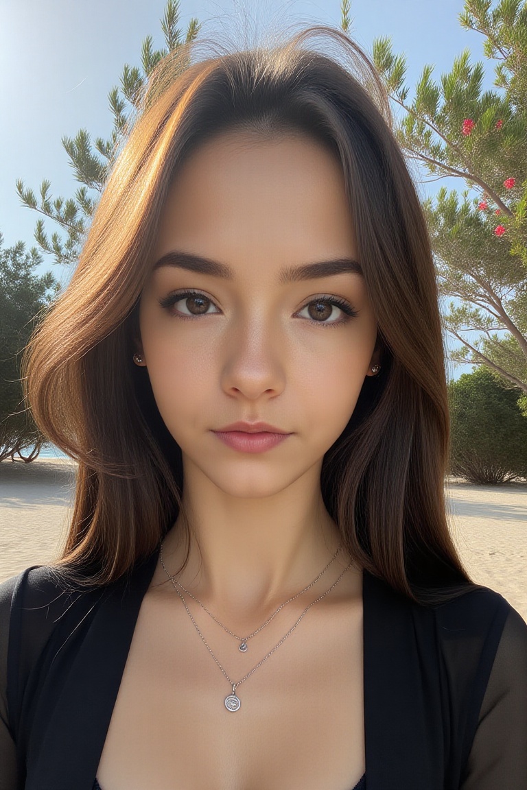 A close-up shot of a young Asian woman with long straight brown hair standing in front of a sandy beach backdrop. She wear...