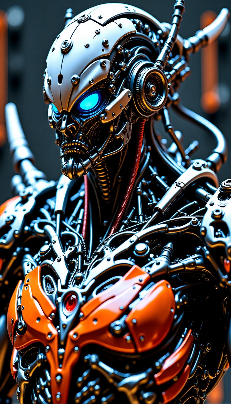 A detailed and futuristic robot with a sleek design. Its head resembles a shining blue eye. The body consists of multiple...
