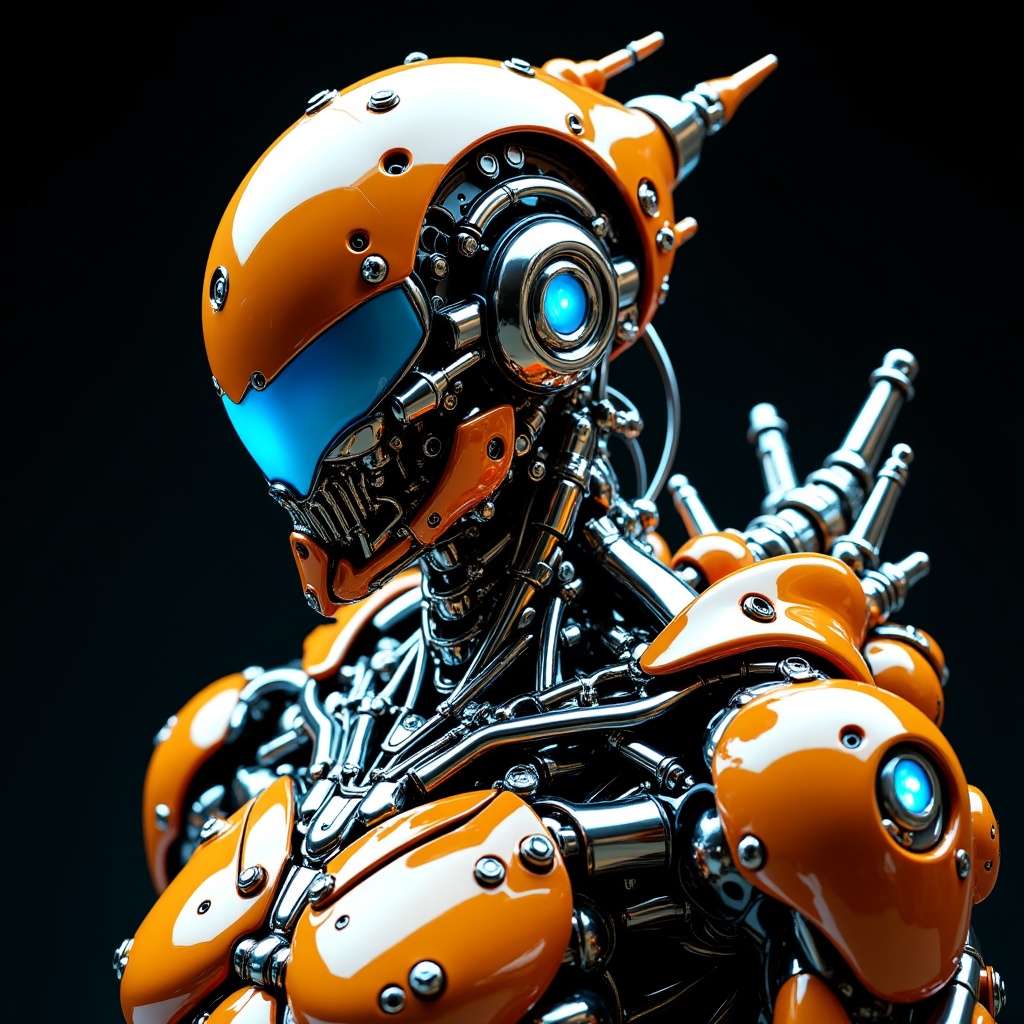 A detailed and futuristic robot with a sleek design. Its head resembles a shining blue eye. The body consists of multiple...
