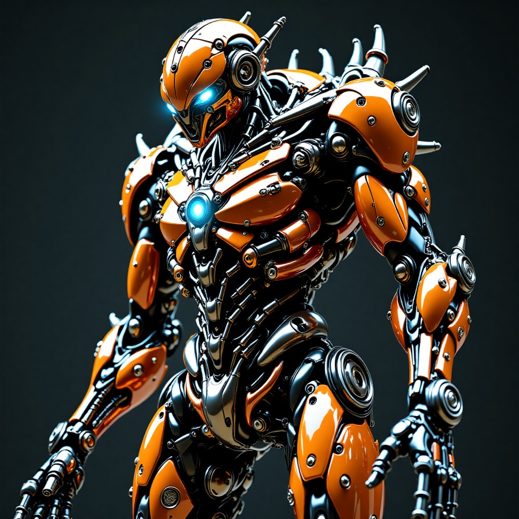 A detailed and futuristic robot with a sleek design. Its head resembles a shining blue eye. The body consists of multiple...