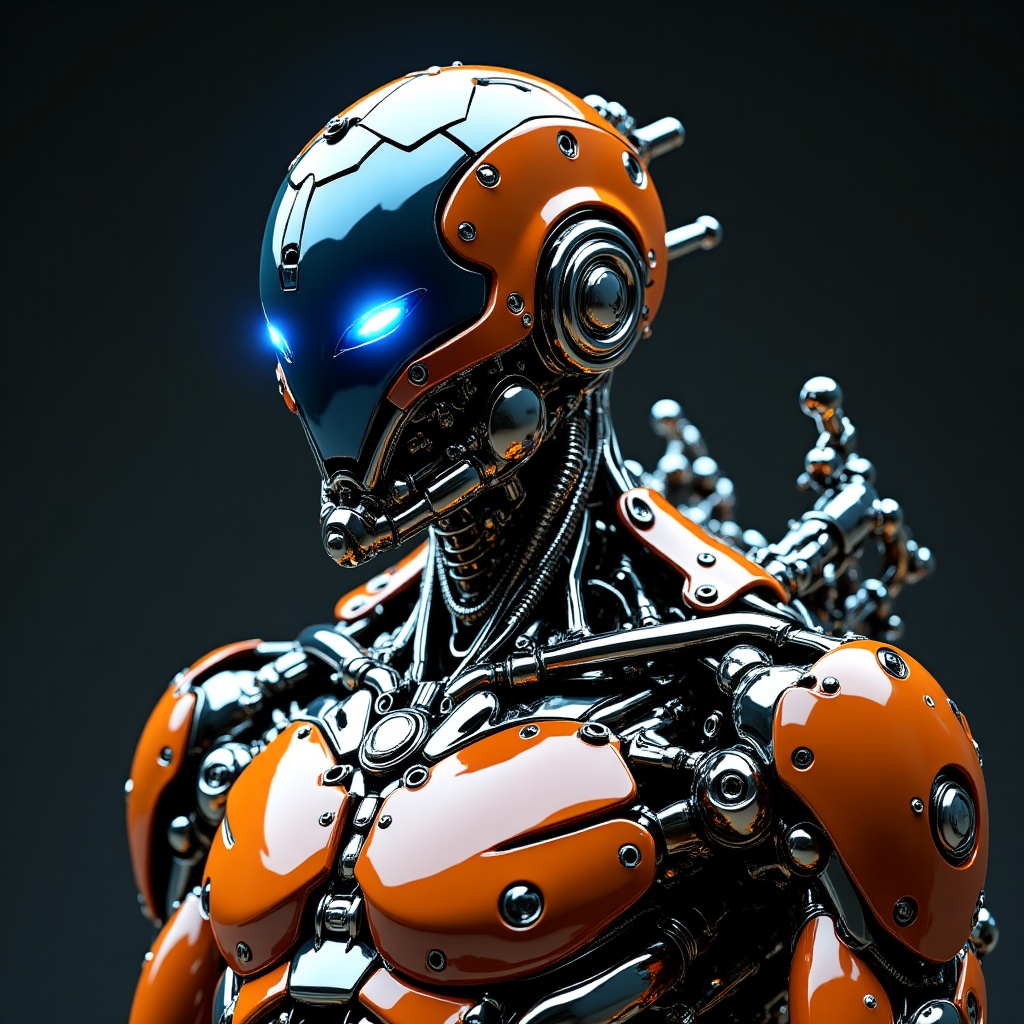 A detailed and futuristic robot with a sleek design. Its head resembles a shining blue eye. The body consists of multiple...