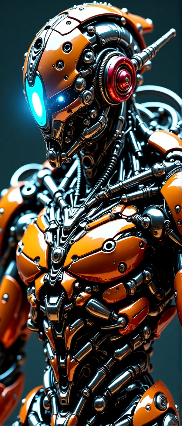 A detailed and futuristic robot with a sleek design. Its head resembles a shining blue eye. The body consists of multiple...