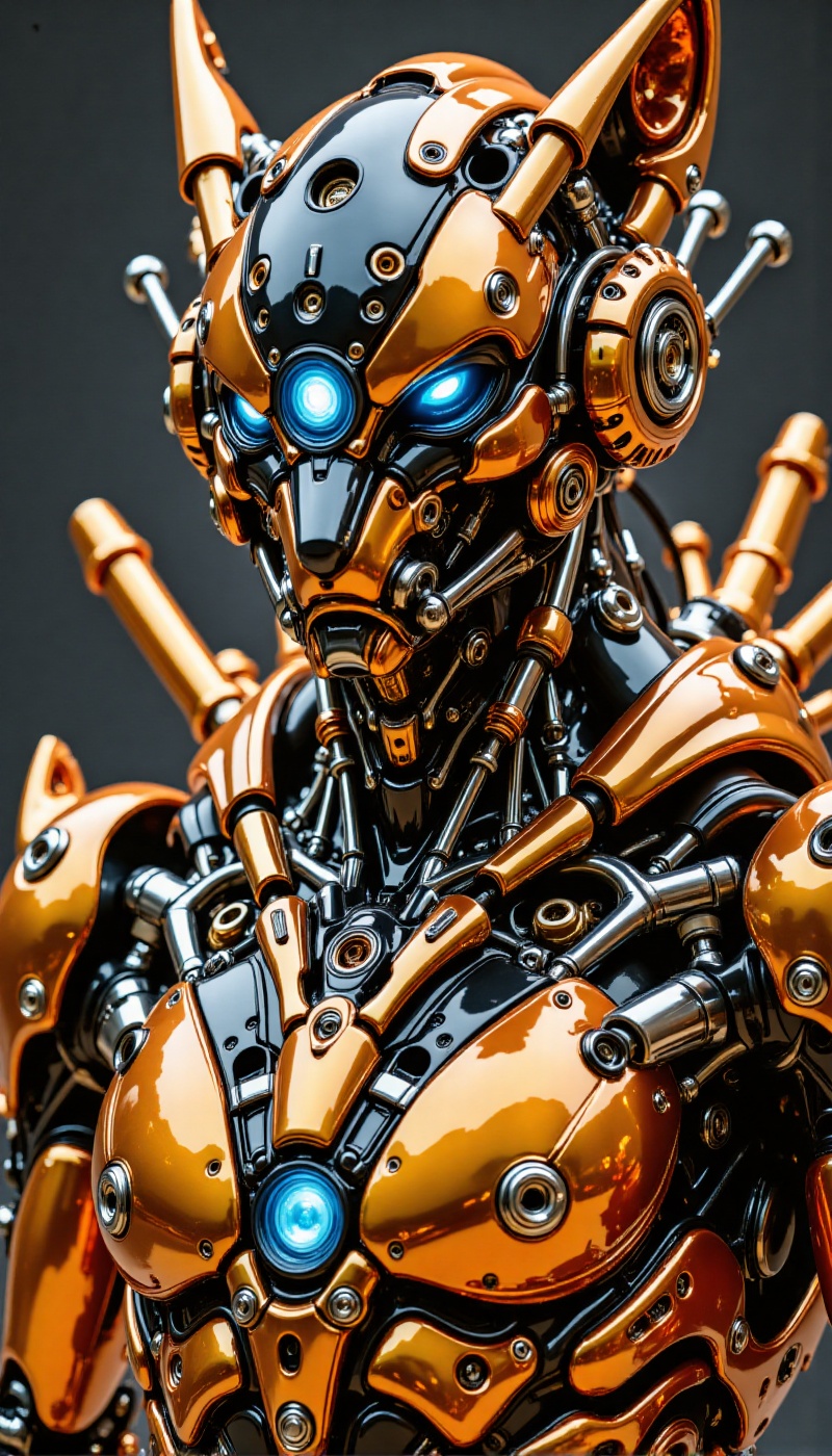 A detailed and futuristic robot with a sleek design. Its head resembles a shining blue eye. The body consists of multiple...