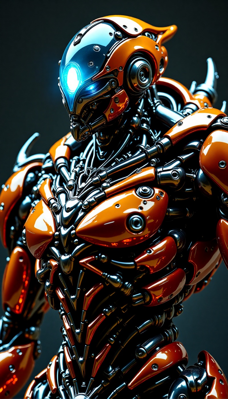 A detailed and futuristic robot with a sleek design. Its head resembles a shining blue eye. The body consists of multiple...