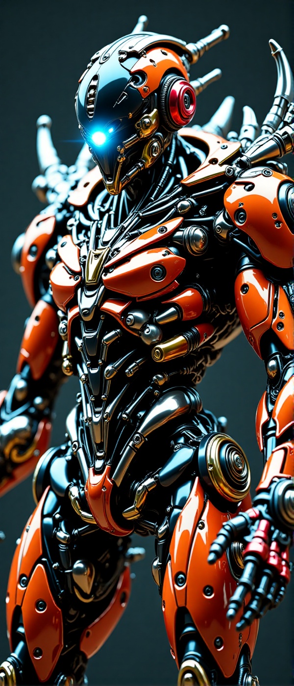 A detailed and futuristic robot with a sleek design. Its head resembles a shining blue eye. The body consists of multiple...