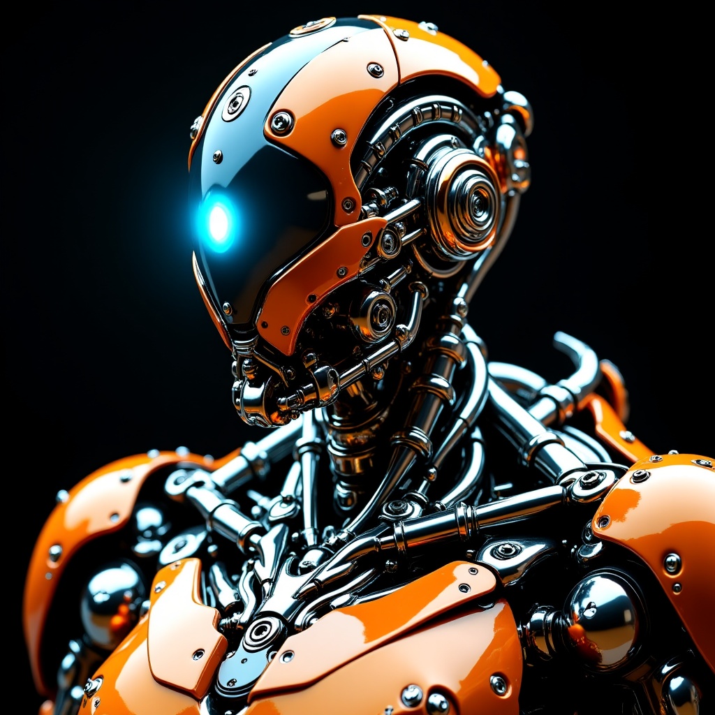 A detailed and futuristic robot with a sleek design. Its head resembles a shining blue eye. The body consists of multiple...