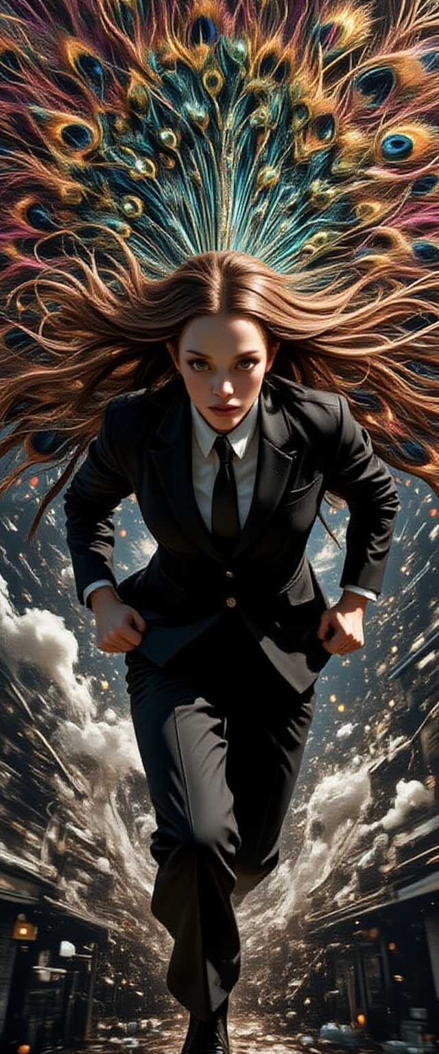 A breathtaking aerial close-up of a young woman in a sharp formal suit,  her long,  straight hair fluttering in the wind a...