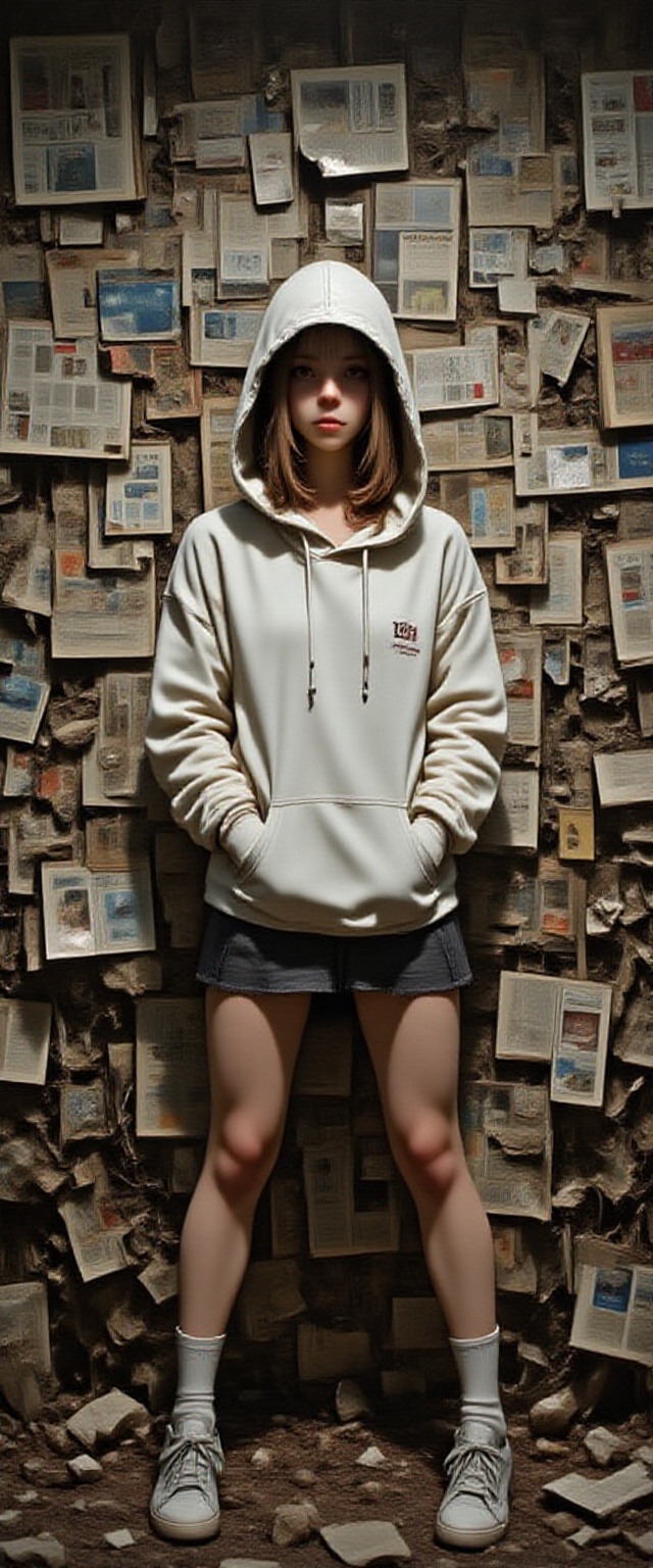 1girl sitting on a pile of newspapers,  ,  full of newspapers sticked on the background on Tensor.Art