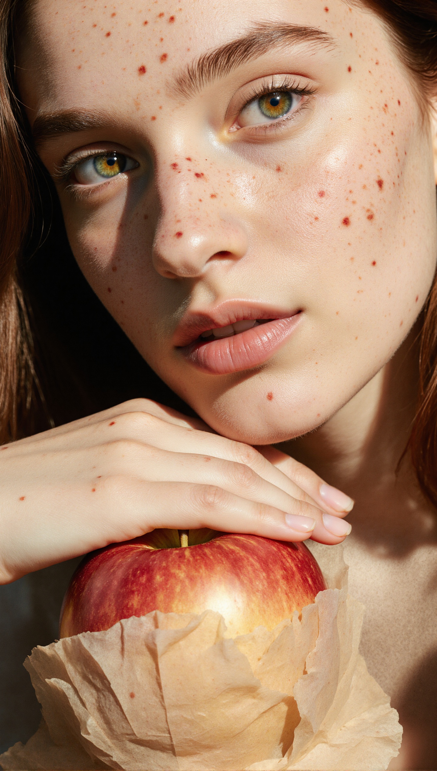 A cinematic,  close-up FLUX-style portrait of a young woman resting her chin on a red apple. Her skin is fair with a warm...
