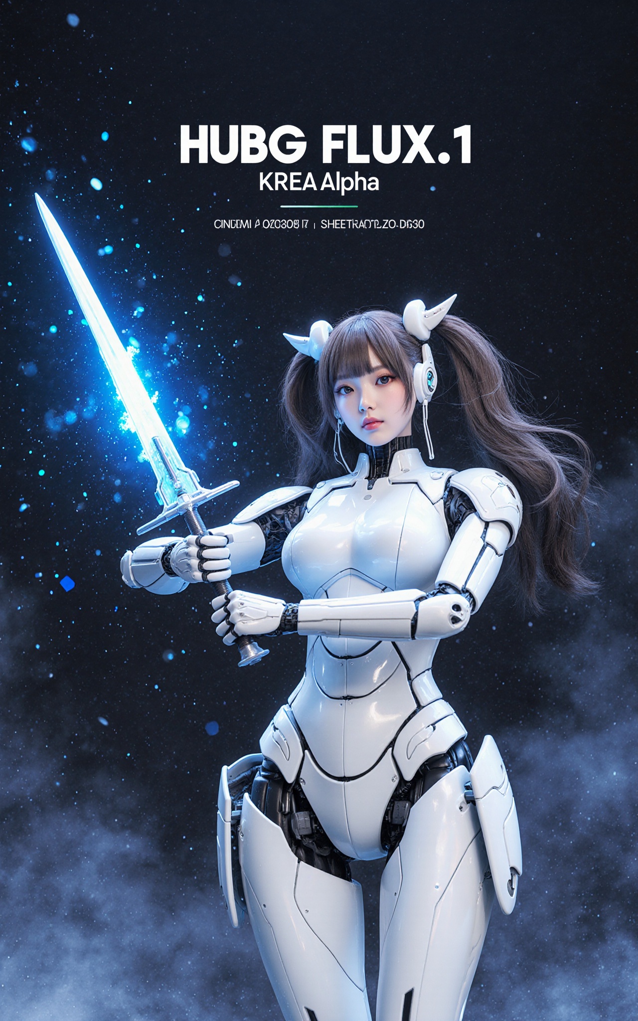 Ultra-realistic mecha hubggirl stands victorious,  her white robotic body glistening in cinematic light. Her hand grasps a...
