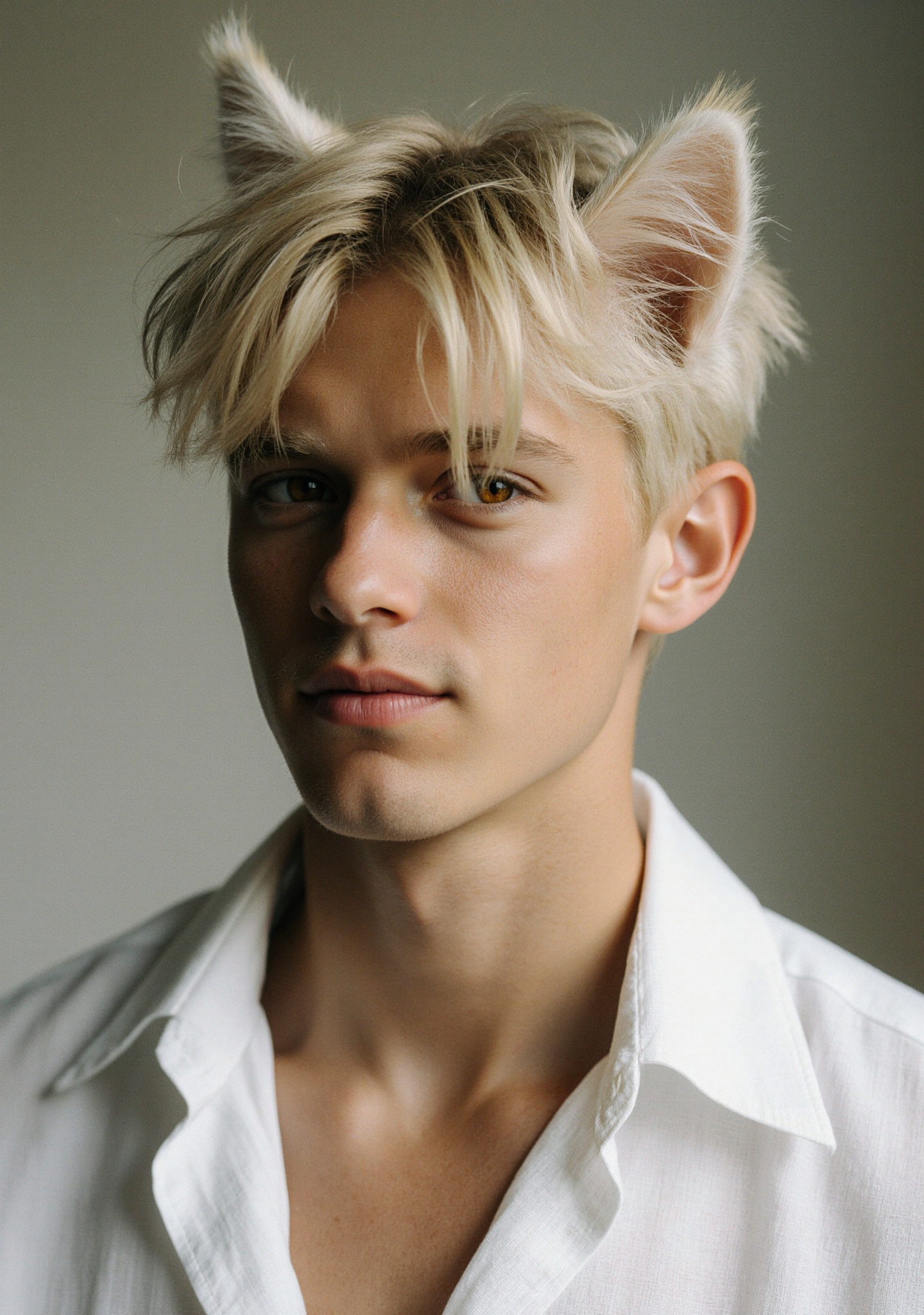 A mid-20s catboy with dark warm tan skin and tousled,  soft-ivory hair (like natural flaxen blonde) in a realistic bust-up...