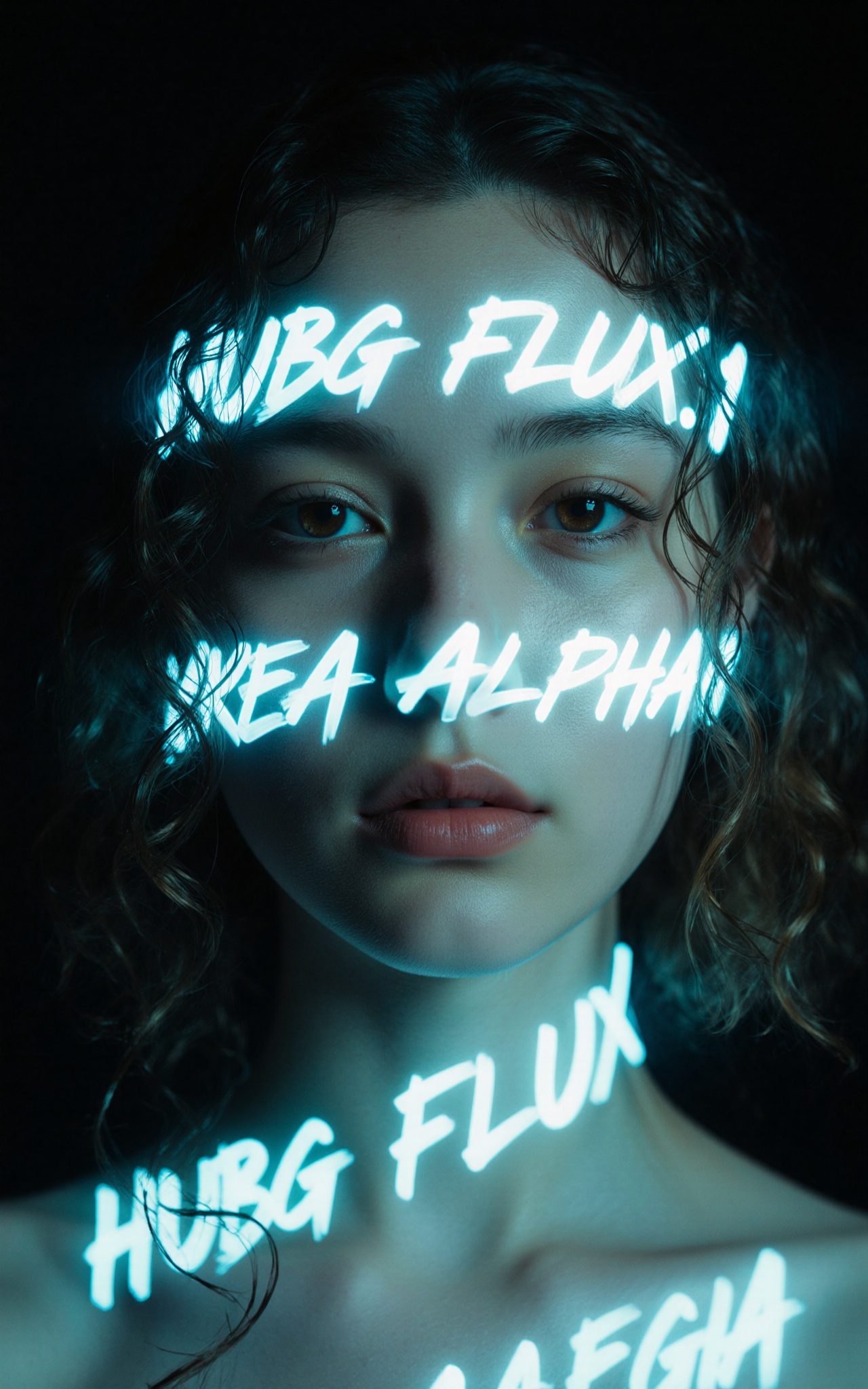 A futuristic,  cinematic close-up portrait of a 23-year-old woman with wet curly hair partially covering her face. She sta...