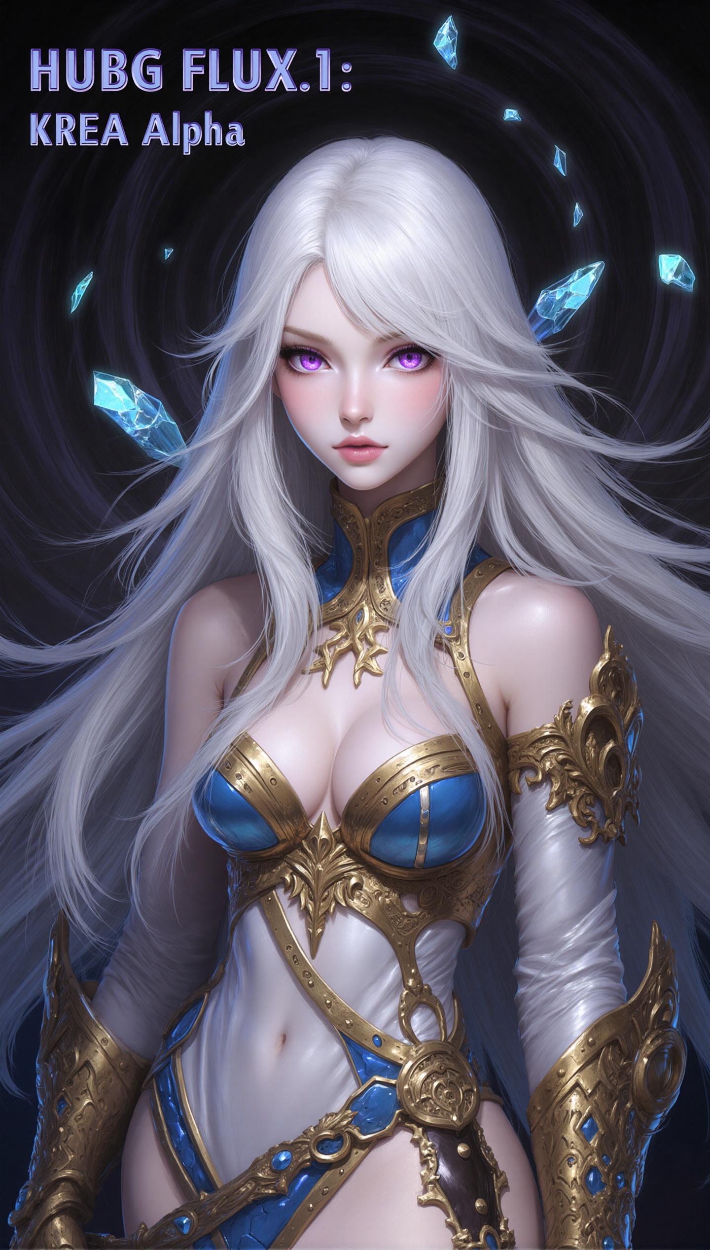 A highly detailed digital artwork of a beautiful,  ethereal woman with long,  flowing white hair and piercing purple eyes....