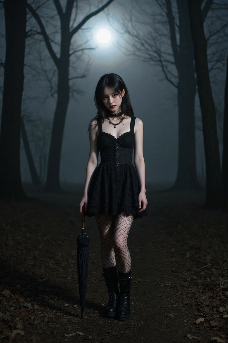 Goth girl standing in a dimly lit,  misty forest,  wearing a black lace dress on Tensor.Art
