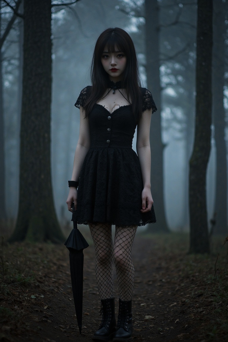 Goth girl standing in a dimly lit,  misty forest,  wearing a black lace dress on Tensor.Art