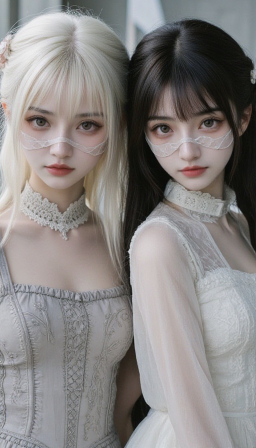 Two girls with long hair,  one white and one black,  standing side by side. Both have grey eyes on Tensor.Art