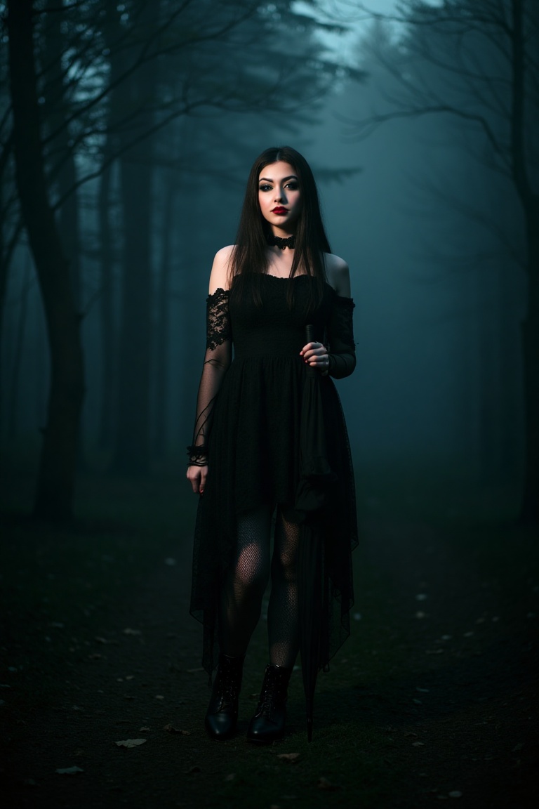 Goth girl standing in a dimly lit,  misty forest,  wearing a black lace dress on Tensor.Art