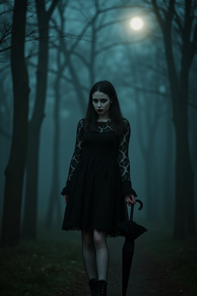Goth girl standing in a dimly lit,  misty forest,  wearing a black lace dress on Tensor.Art