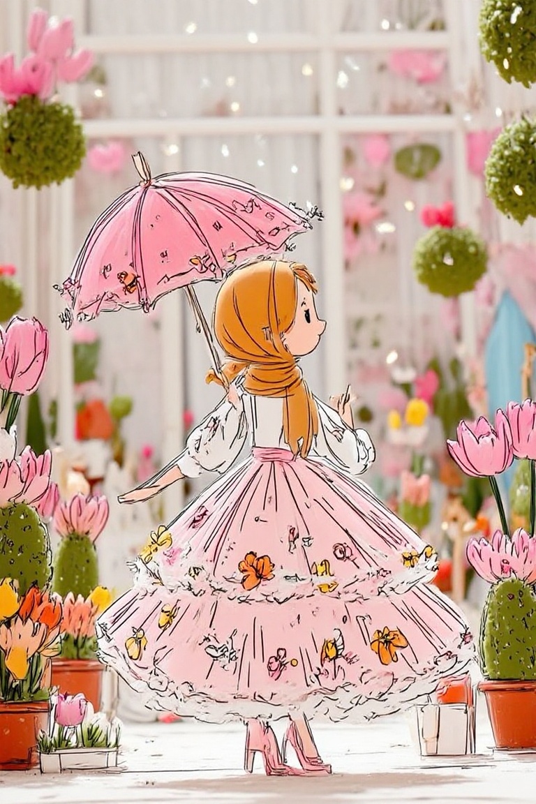 A girl wearing a flower motif hijab,  dancing in a flower garden,  holding an umbrella on Tensor.Art