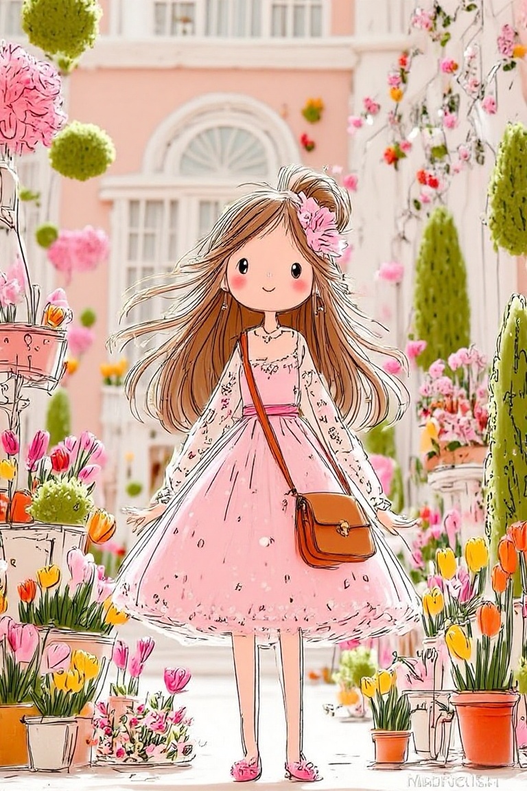 The image depicts a young girl standing in a vibrant garden-like setting. She is wearing a pink dress with white polka dot...