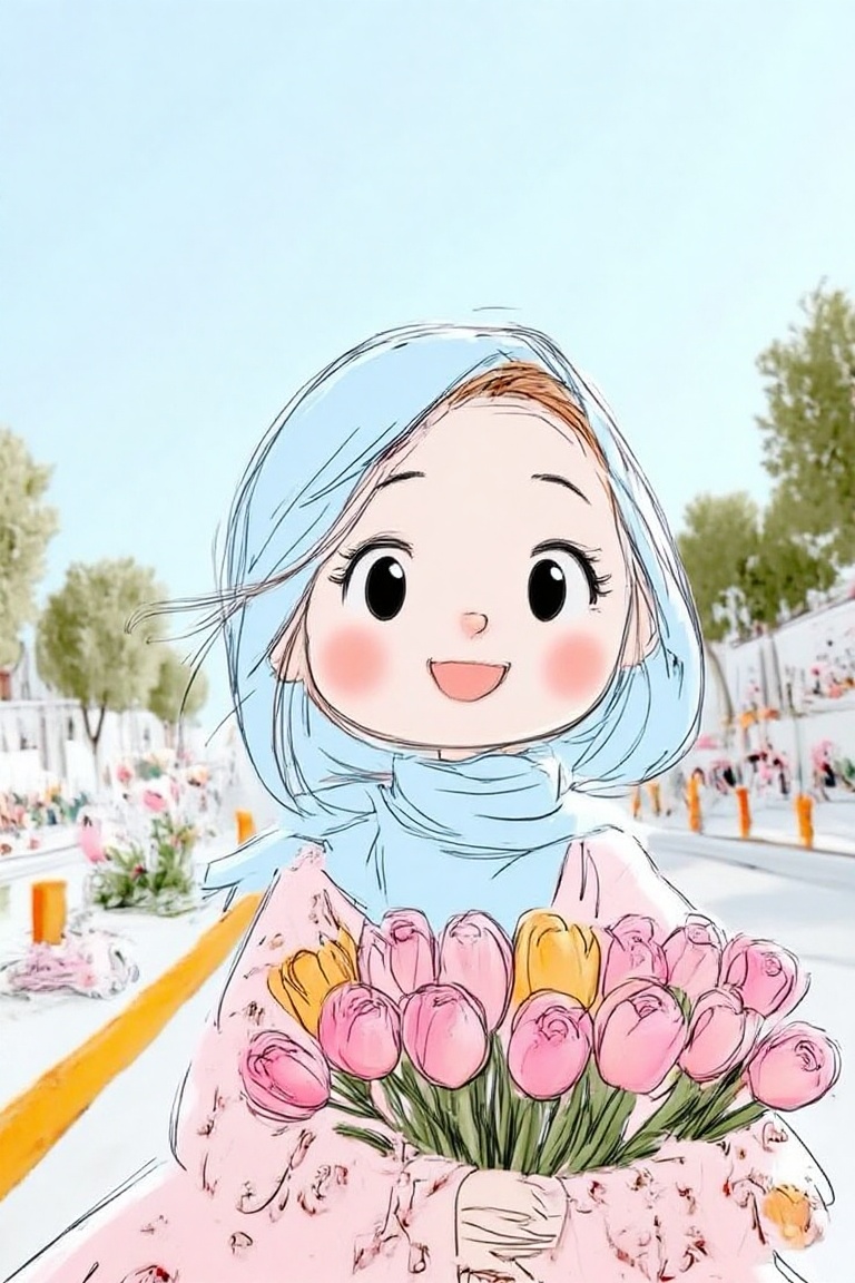 A girl wearing soft blue hijab,  holding pink roses,  on the highway on Tensor.Art