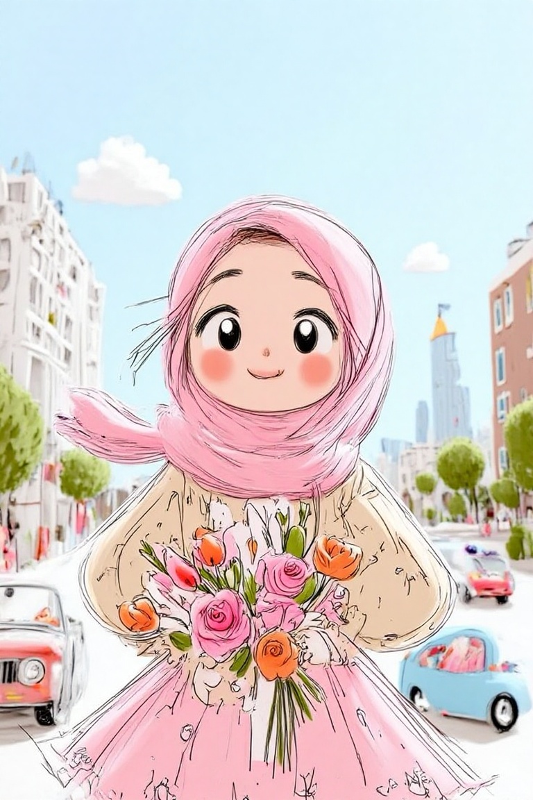 A girl wearing a smiling hijab,  holding pink roses,  on the highway on Tensor.Art